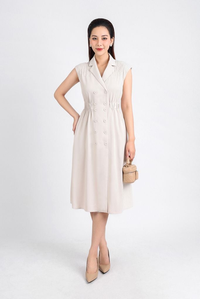 FDC34158 - Đầm công sở vải thô đũi dáng xoè cổ hai ve tay chờm eo bo chun thân váy phối khuy bọc trang trí khoá thân sau - PANTIO