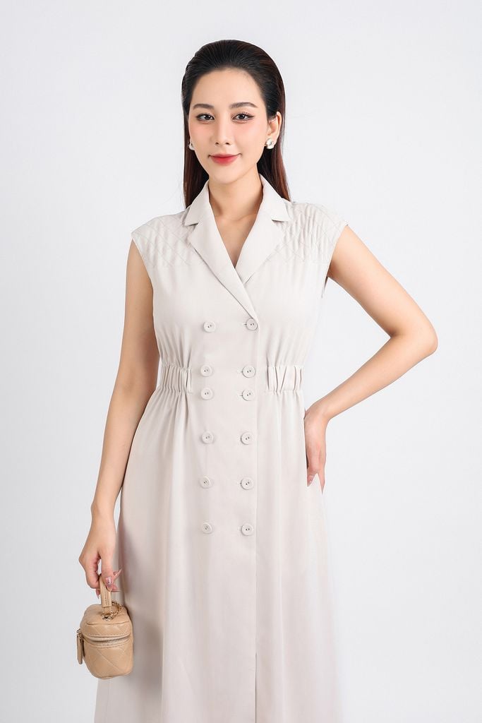 FDC34158 - Đầm công sở vải thô đũi dáng xoè cổ hai ve tay chờm eo bo chun thân váy phối khuy bọc trang trí khoá thân sau - PANTIO