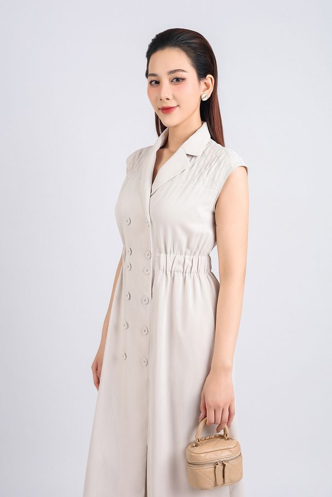 FDC34158 - Đầm công sở vải thô đũi dáng xoè cổ hai ve tay chờm eo bo chun thân váy phối khuy bọc trang trí khoá thân sau - PANTIO