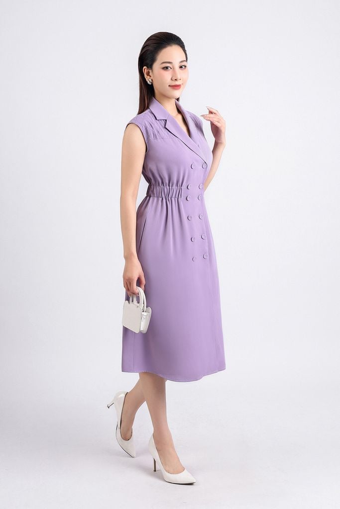 FDC34158 - Đầm công sở vải thô đũi dáng xoè cổ hai ve tay chờm eo bo chun thân váy phối khuy bọc trang trí khoá thân sau - PANTIO