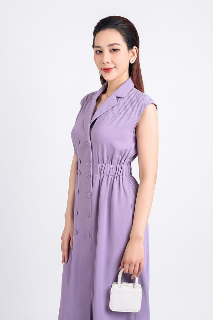 FDC34158 - Đầm công sở vải thô đũi dáng xoè cổ hai ve tay chờm eo bo chun thân váy phối khuy bọc trang trí khoá thân sau - PANTIO