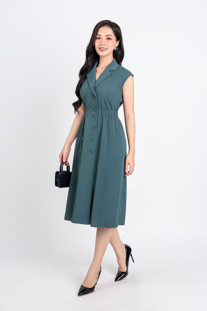 FDC34158 - Đầm công sở vải thô đũi dáng xoè cổ hai ve tay chờm eo bo chun thân váy phối khuy bọc trang trí khoá thân sau - PANTIO