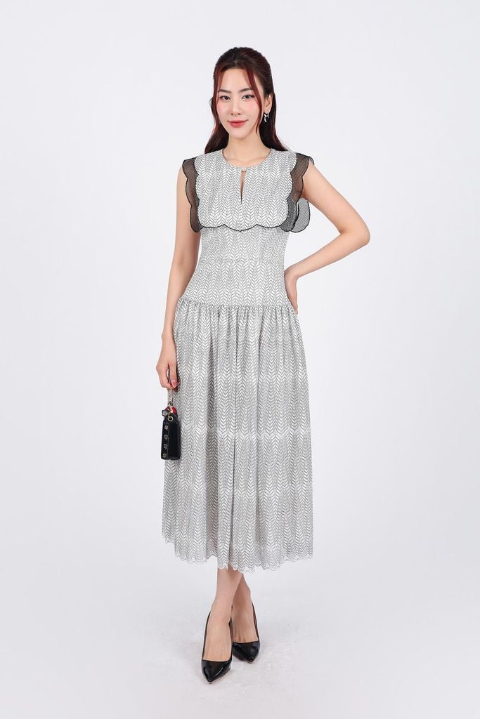 FDC34159 - Đầm công sở vải lưới hai lớp lót habutai dáng suông cổ tròn vai chờm phối viền ren liowis eo xếp nhún tạo xoè - PANTIO
