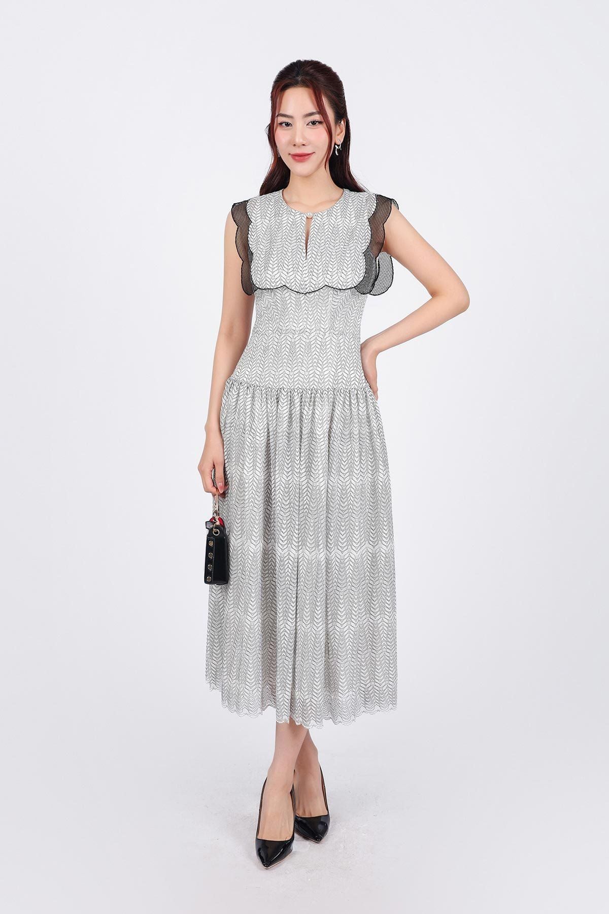 FDC34159 - Đầm công sở vải lưới hai lớp lót habutai dáng suông cổ tròn vai chờm phối viền ren liowis eo xếp nhún tạo xoè - PANTIO