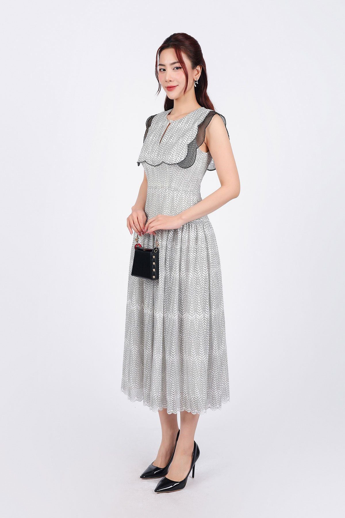 FDC34159 - Đầm công sở vải lưới hai lớp lót habutai dáng suông cổ tròn vai chờm phối viền ren liowis eo xếp nhún tạo xoè - PANTIO