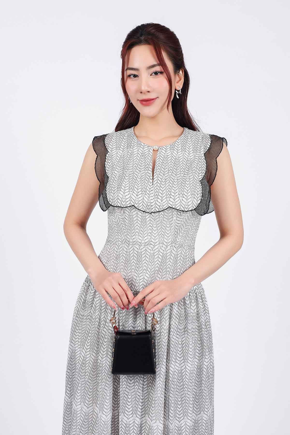 FDC34159 - Đầm công sở vải lưới hai lớp lót habutai dáng suông cổ tròn vai chờm phối viền ren liowis eo xếp nhún tạo xoè - PANTIO