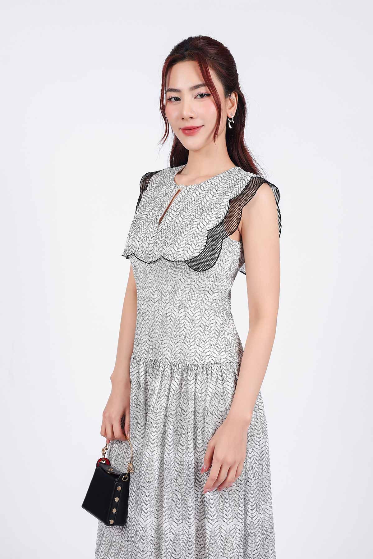 FDC34159 - Đầm công sở vải lưới hai lớp lót habutai dáng suông cổ tròn vai chờm phối viền ren liowis eo xếp nhún tạo xoè - PANTIO