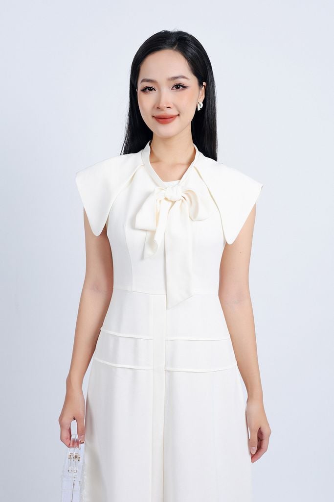 FDC34161 - Đầm công sở vải thô dáng suông lót habutai vai chờm phối vạt cổ tròn thắt nơ tạo kiểu khoá thân sau - PANTIO