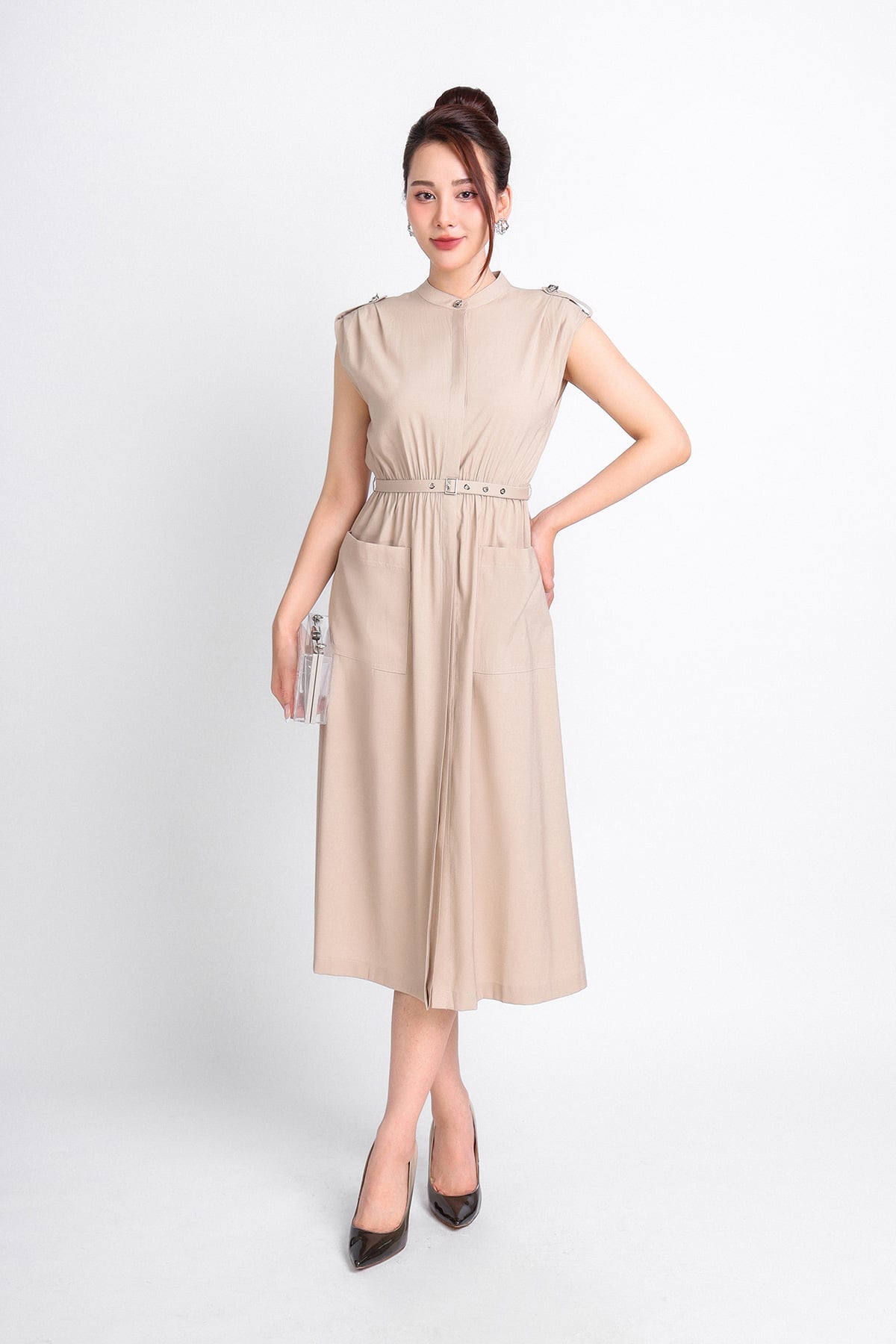 FDC34162 - Đầm công sở vải thô dáng suông cổ tròn vai nhún phối nẹp tạo kiểu eo bo chun phối thắt lưng tạo kiểu - PANTIO