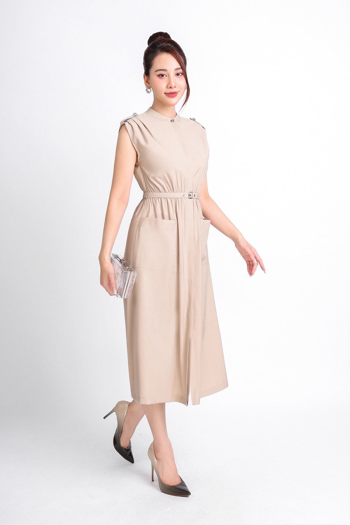 FDC34162 - Đầm công sở vải thô dáng suông cổ tròn vai nhún phối nẹp tạo kiểu eo bo chun phối thắt lưng tạo kiểu - PANTIO