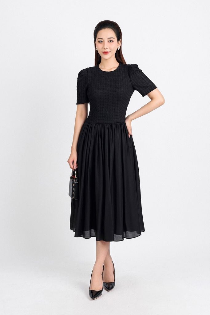 FDC34164 - Đầm công sở vải tơ dáng xoè hai lớp lót habutai thân trên phối ren cổ tròn tay bồng nhẹ eo nhún tạo kiểu khoá thân sau - PANTIO