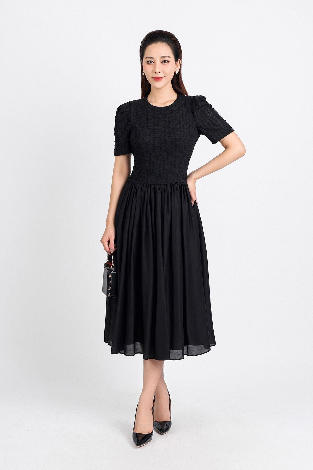 FDC34164 - Đầm công sở vải tơ dáng xoè hai lớp lót habutai thân trên phối ren cổ tròn tay bồng nhẹ eo nhún tạo kiểu khoá thân sau - PANTIO