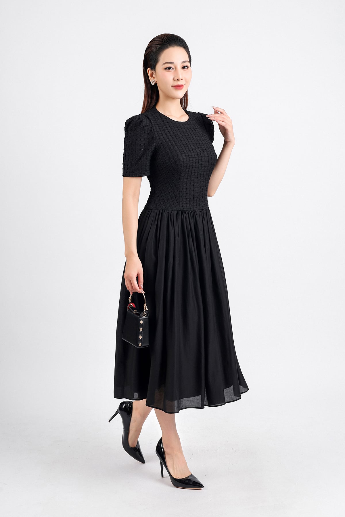 FDC34164 - Đầm công sở vải tơ dáng xoè hai lớp lót habutai thân trên phối ren cổ tròn tay bồng nhẹ eo nhún tạo kiểu khoá thân sau - PANTIO