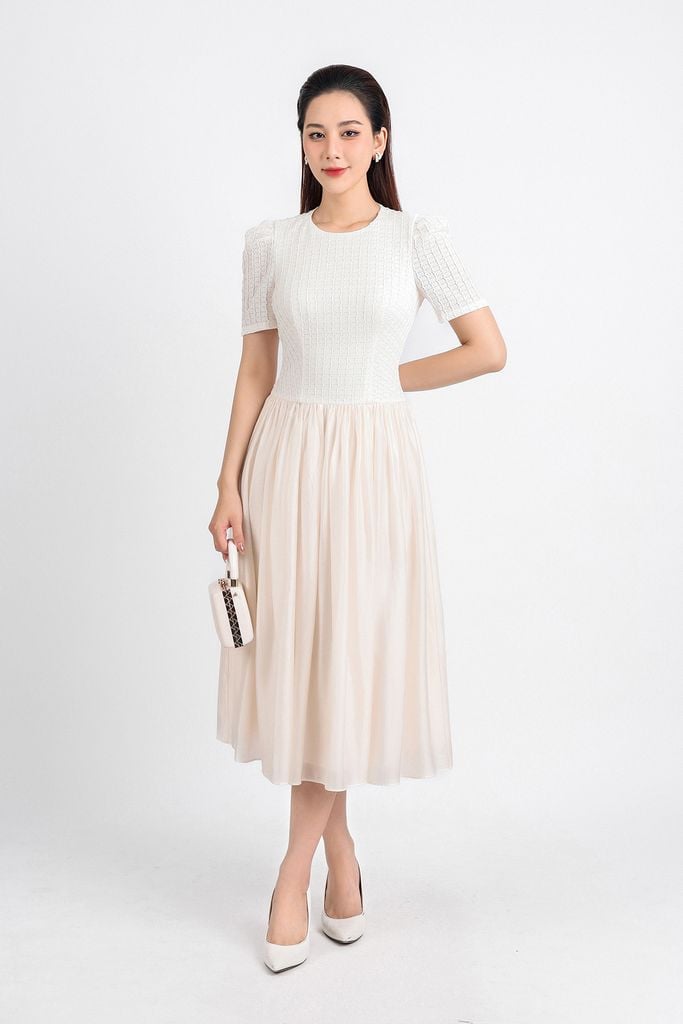 FDC34164 - Đầm công sở vải tơ dáng xoè hai lớp lót habutai thân trên phối ren cổ tròn tay bồng nhẹ eo nhún tạo kiểu khoá thân sau - PANTIO