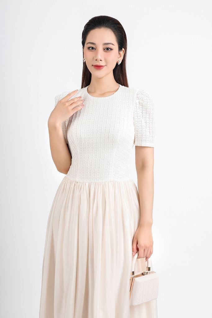 FDC34164 - Đầm công sở vải tơ dáng xoè hai lớp lót habutai thân trên phối ren cổ tròn tay bồng nhẹ eo nhún tạo kiểu khoá thân sau - PANTIO