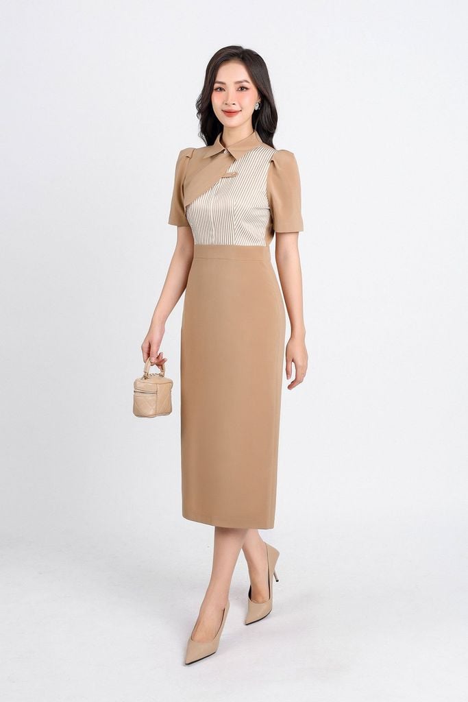 FDC34167 - Đầm công sở vải thô hai lớp lót habutai dáng bút chì dài cổ đức phối hoạ tiết kẻ sọc bất đối xứng tay bồng nhẹ khoá thân sau - PANTIO