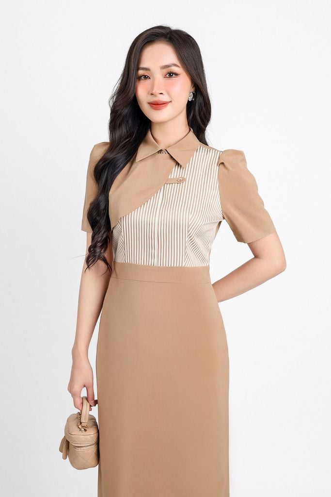 FDC34167 - Đầm công sở vải thô hai lớp lót habutai dáng bút chì dài cổ đức phối hoạ tiết kẻ sọc bất đối xứng tay bồng nhẹ khoá thân sau - PANTIO