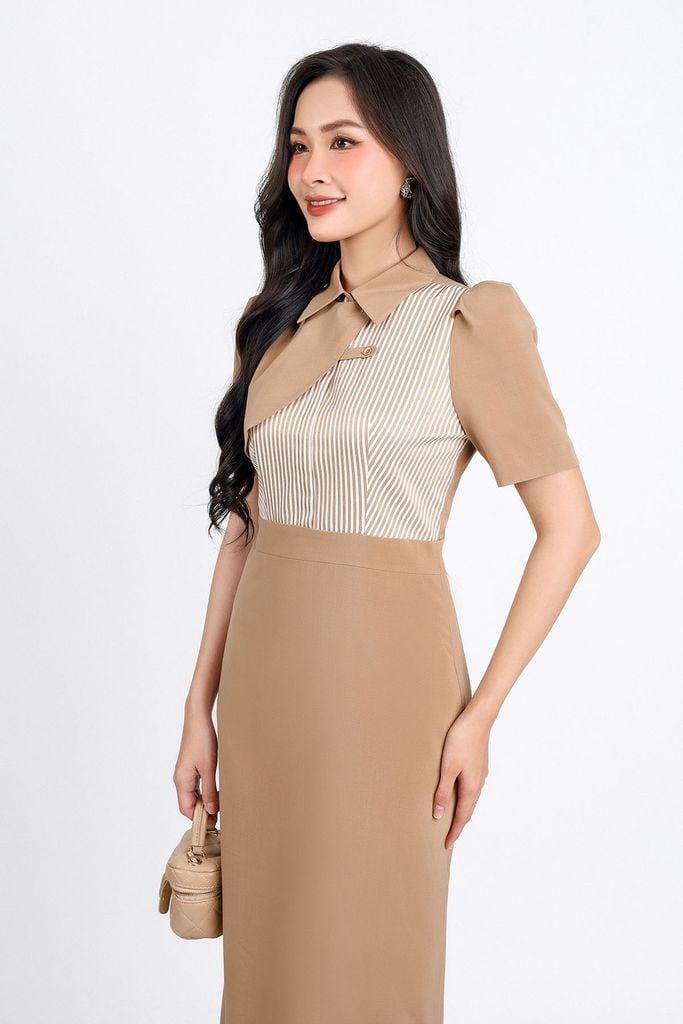 FDC34167 - Đầm công sở vải thô hai lớp lót habutai dáng bút chì dài cổ đức phối hoạ tiết kẻ sọc bất đối xứng tay bồng nhẹ khoá thân sau - PANTIO