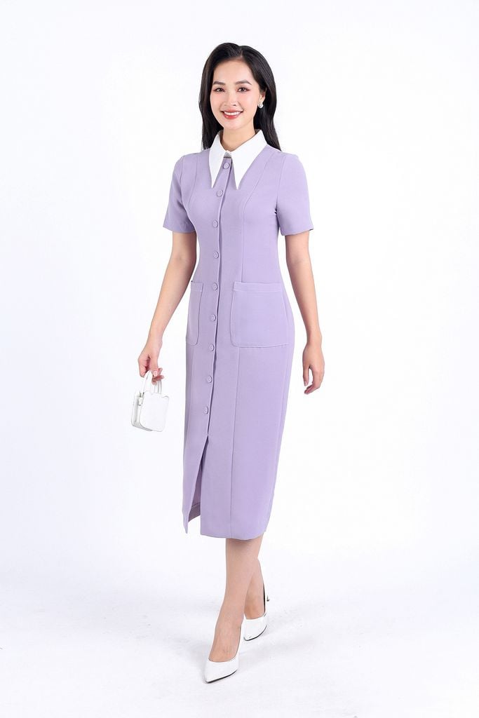 FDC34169 - Đầm công sở vải phi cát dáng bút chì cổ đức tháo rời thân váy đính khuy bọc trang trí có túi váy bên hông khóa thân sau - PANTIO