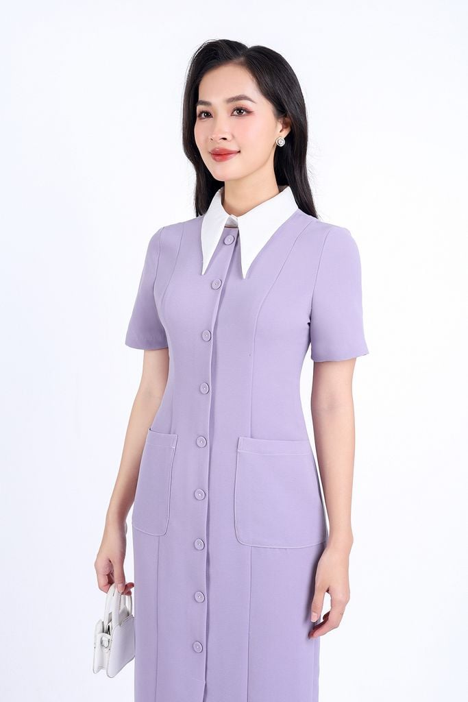 FDC34169 - Đầm công sở vải phi cát dáng bút chì cổ đức tháo rời thân váy đính khuy bọc trang trí có túi váy bên hông khóa thân sau - PANTIO