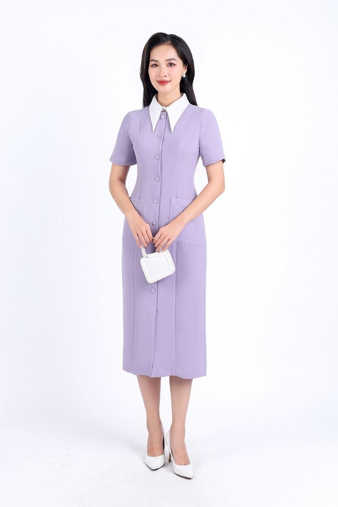 FDC34169 - Đầm công sở vải phi cát dáng bút chì cổ đức tháo rời thân váy đính khuy bọc trang trí có túi váy bên hông khóa thân sau - PANTIO