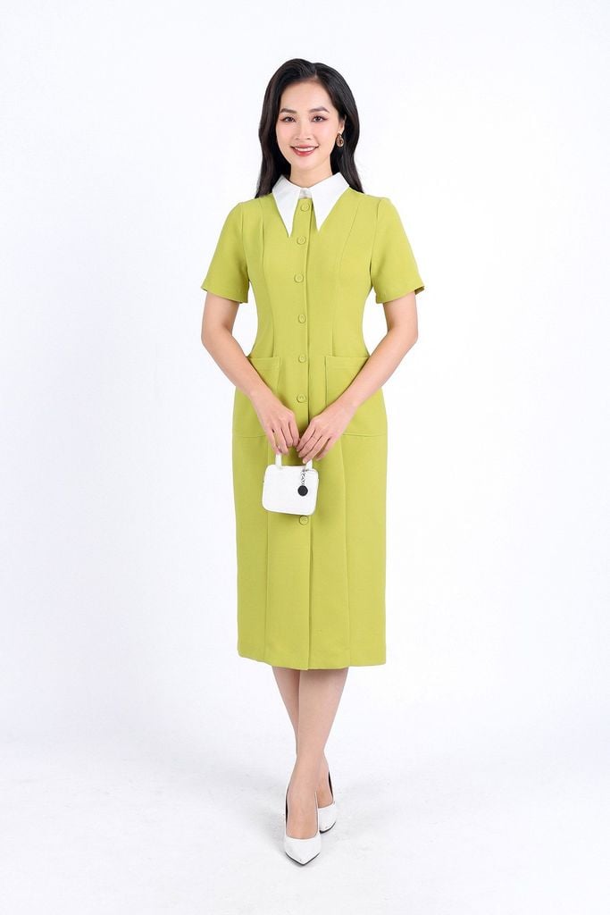FDC34169 - Đầm công sở vải phi cát dáng bút chì cổ đức tháo rời thân váy đính khuy bọc trang trí có túi váy bên hông khóa thân sau - PANTIO