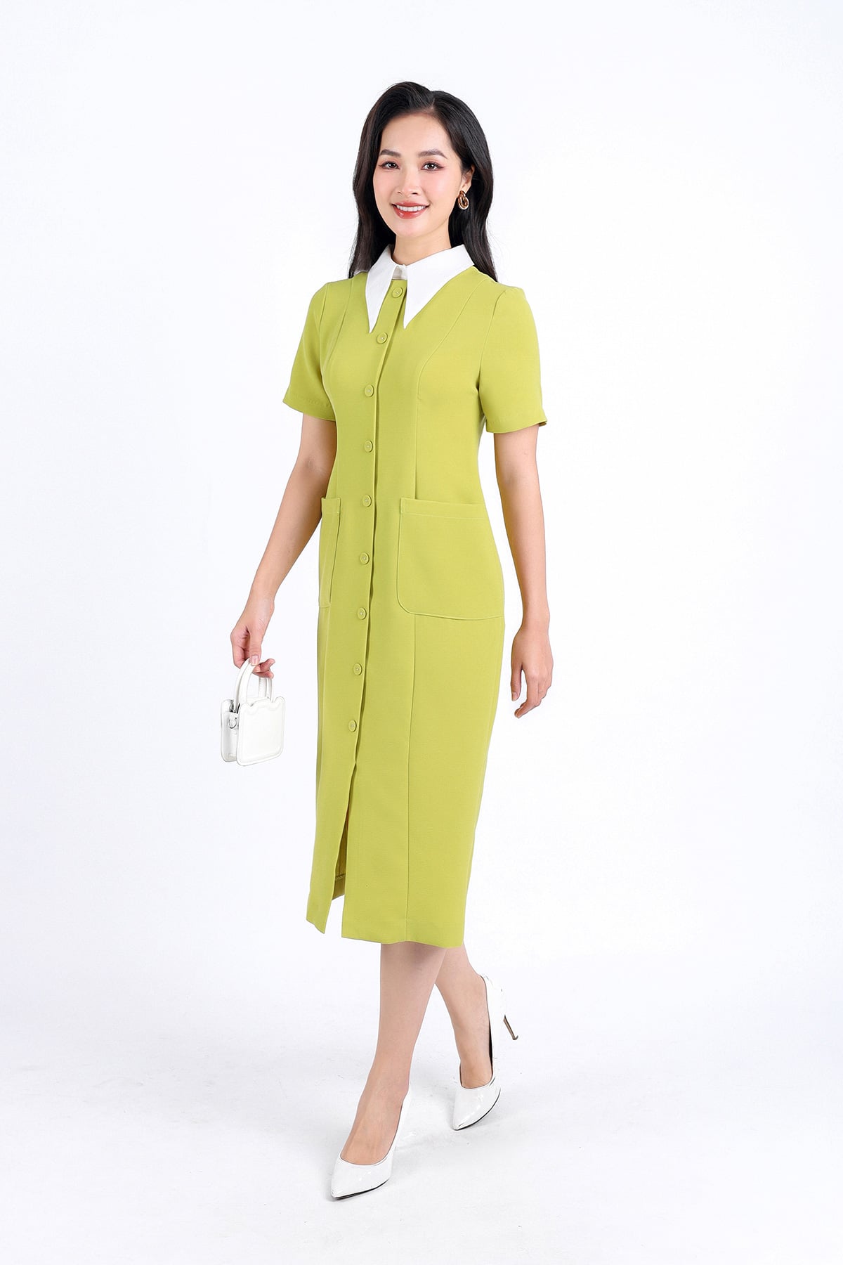 FDC34169 - Đầm công sở vải phi cát dáng bút chì cổ đức tháo rời thân váy đính khuy bọc trang trí có túi váy bên hông khóa thân sau - PANTIO