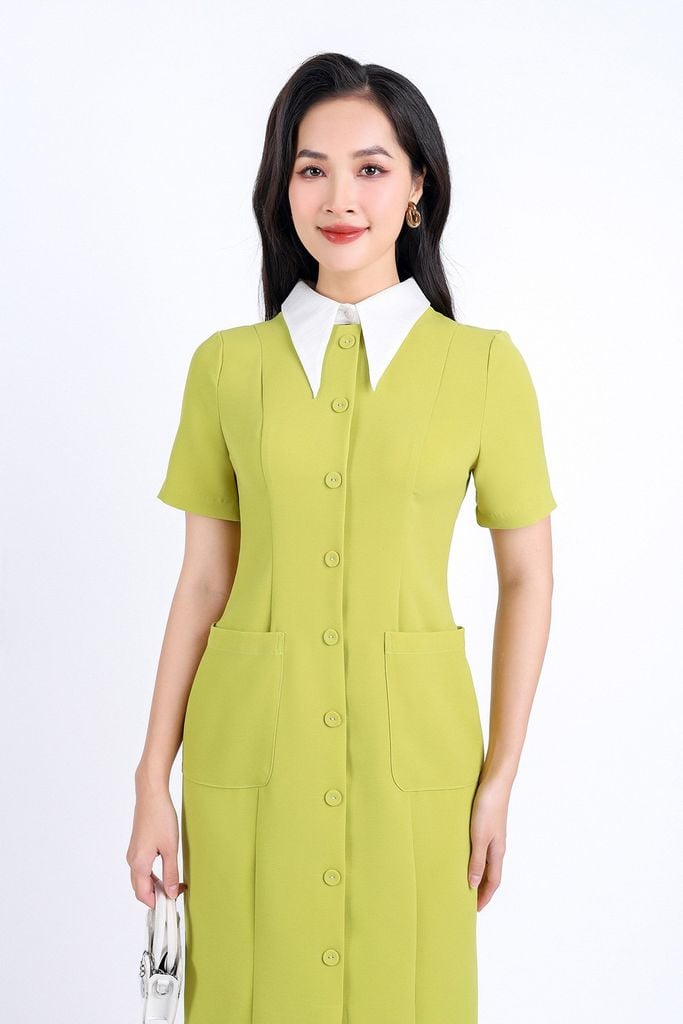 FDC34169 - Đầm công sở vải phi cát dáng bút chì cổ đức tháo rời thân váy đính khuy bọc trang trí có túi váy bên hông khóa thân sau - PANTIO