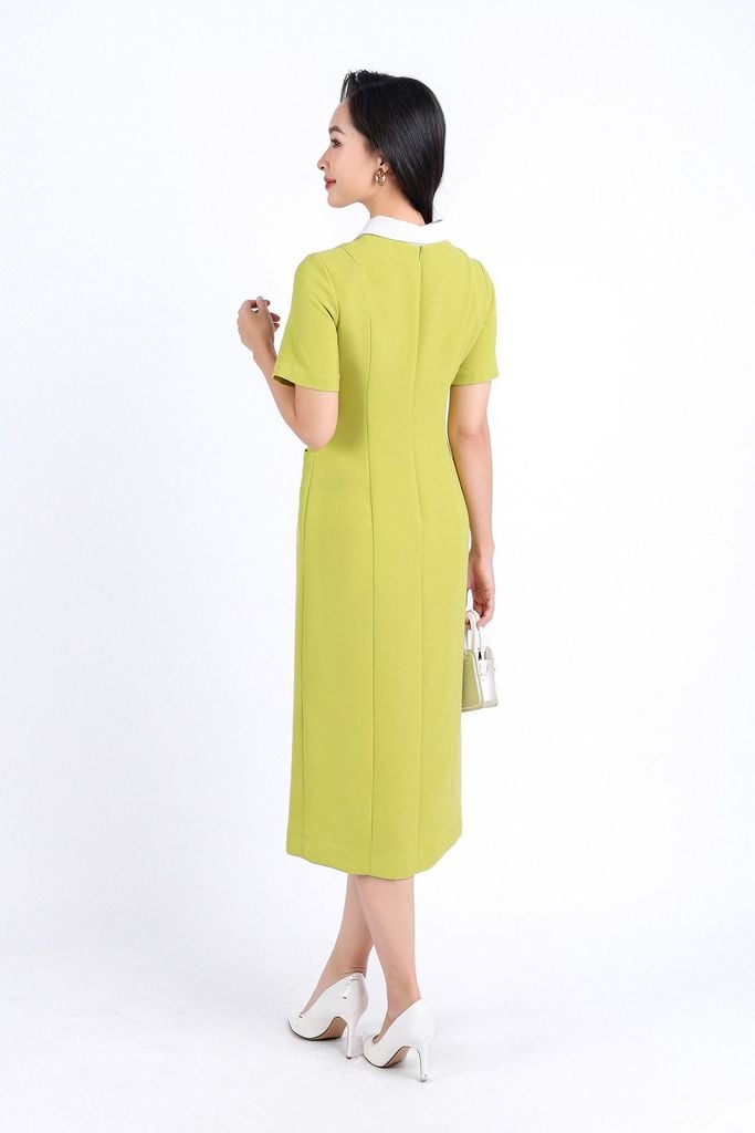 FDC34169 - Đầm công sở vải phi cát dáng bút chì cổ đức tháo rời thân váy đính khuy bọc trang trí có túi váy bên hông khóa thân sau - PANTIO