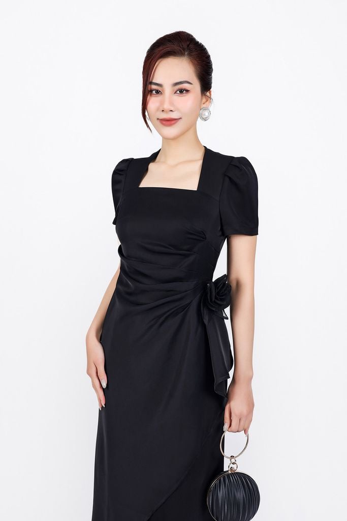 FDC34172 - Đầm công sở vải tafta cao cấp dáng suông cổ vuông tay bồng eo xếp nhún tạo kiểu kèm hoa cài trang trí - PANTIO