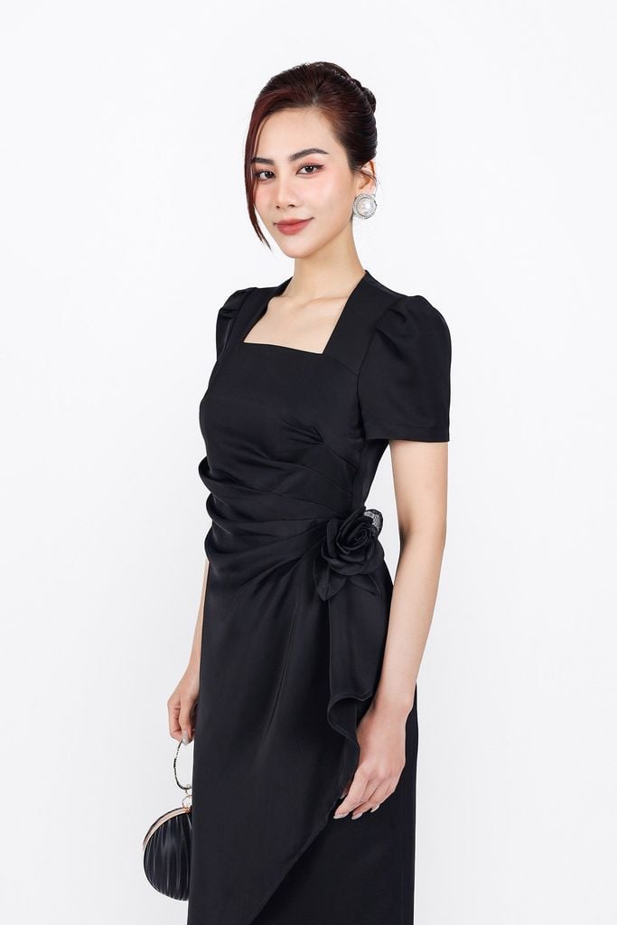 FDC34172 - Đầm công sở vải tafta cao cấp dáng suông cổ vuông tay bồng eo xếp nhún tạo kiểu kèm hoa cài trang trí - PANTIO
