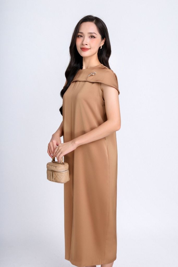 FDC34185 - Đầm công sở vải lụa dày dáng suông bom cổ tròn phối vạt chờm vai tạo kiểu- PANTIO