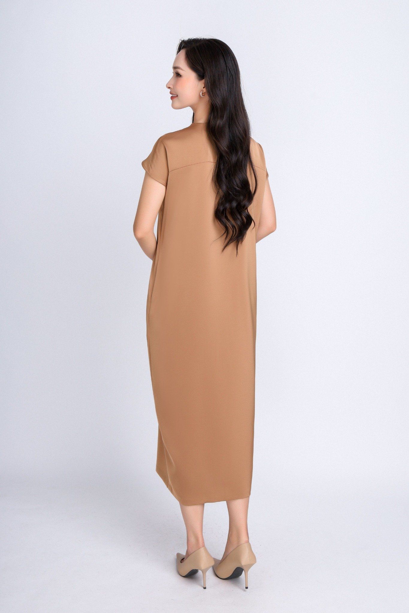 FDC34185 - Đầm công sở vải lụa dày dáng suông bom cổ tròn phối vạt chờm vai tạo kiểu- PANTIO