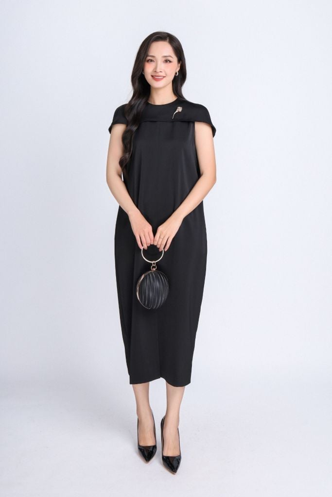 FDC34185 - Đầm công sở vải lụa dày dáng suông bom cổ tròn phối vạt chờm vai tạo kiểu- PANTIO