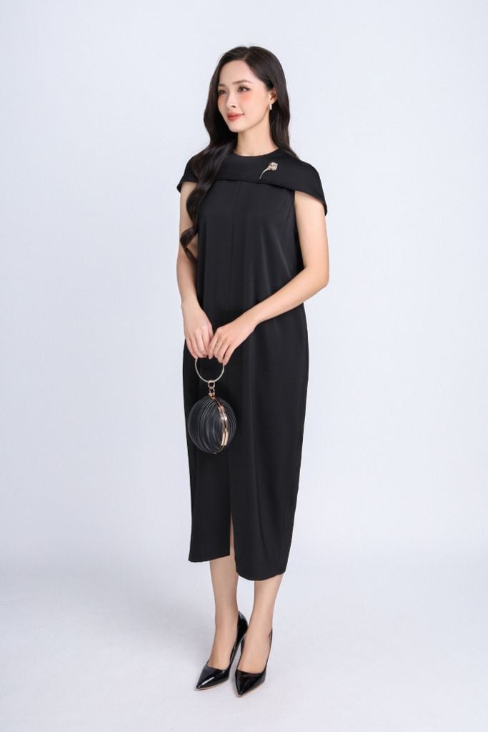 FDC34185 - Đầm công sở vải lụa dày dáng suông bom cổ tròn phối vạt chờm vai tạo kiểu- PANTIO