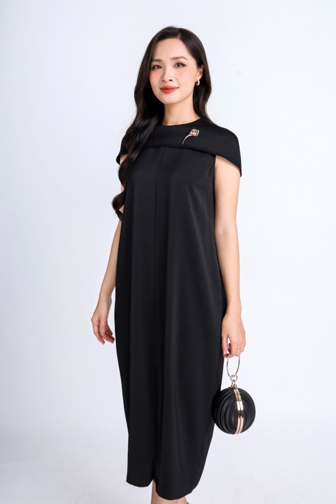 FDC34185 - Đầm công sở vải lụa dày dáng suông bom cổ tròn phối vạt chờm vai tạo kiểu- PANTIO