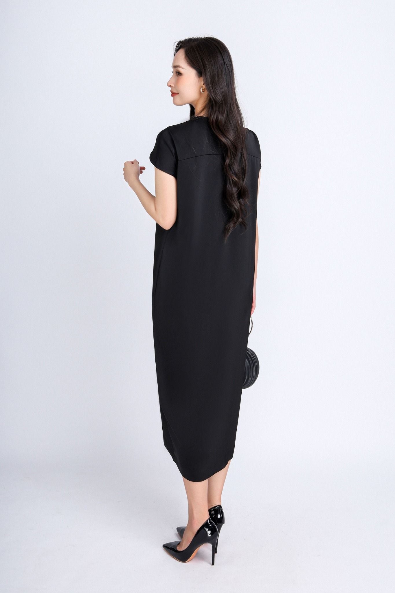 FDC34185 - Đầm công sở vải lụa dày dáng suông bom cổ tròn phối vạt chờm vai tạo kiểu- PANTIO