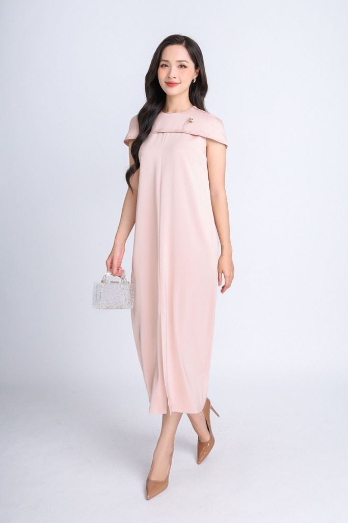 FDC34185 - Đầm công sở vải lụa dày dáng suông bom cổ tròn phối vạt chờm vai tạo kiểu- PANTIO