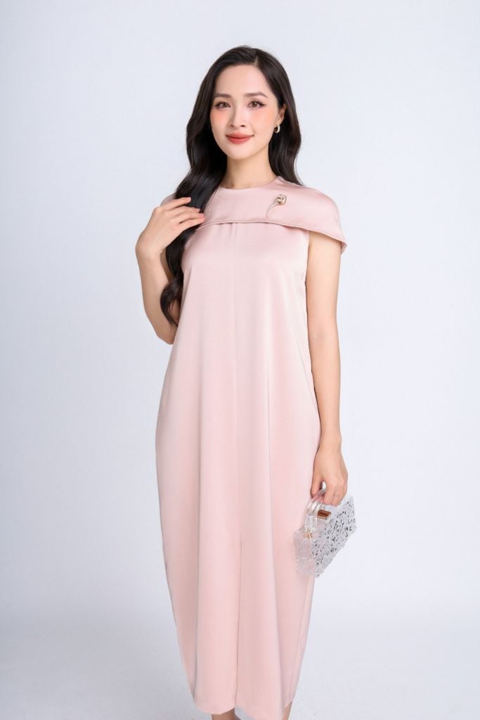 FDC34185 - Đầm công sở vải lụa dày dáng suông bom cổ tròn phối vạt chờm vai tạo kiểu- PANTIO