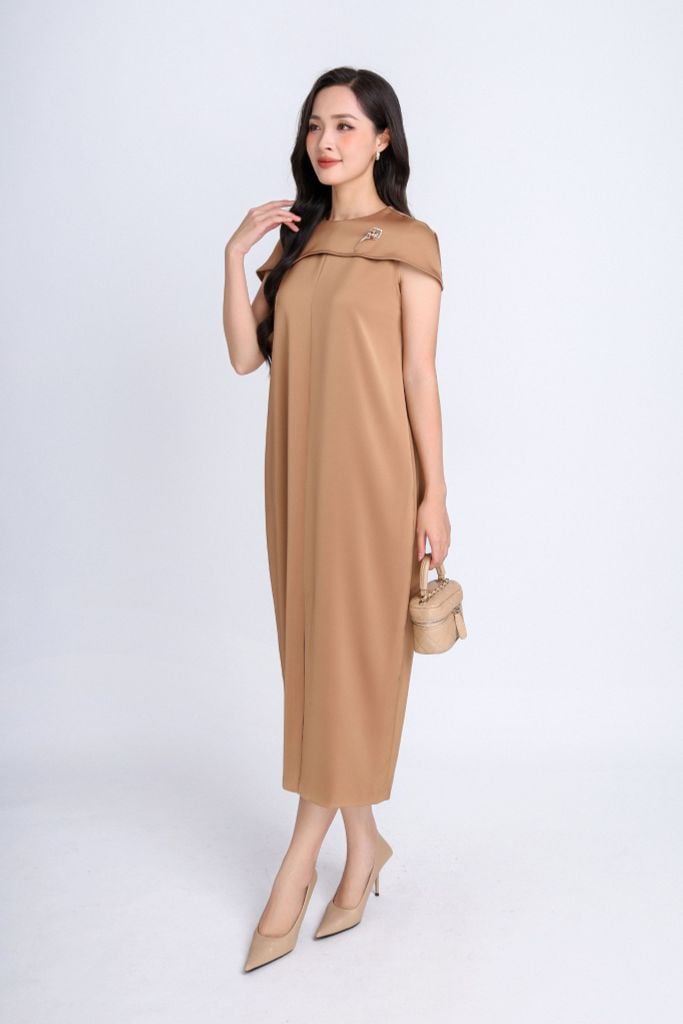 FDC34185 - Đầm công sở vải lụa dày dáng suông bom cổ tròn phối vạt chờm vai tạo kiểu- PANTIO