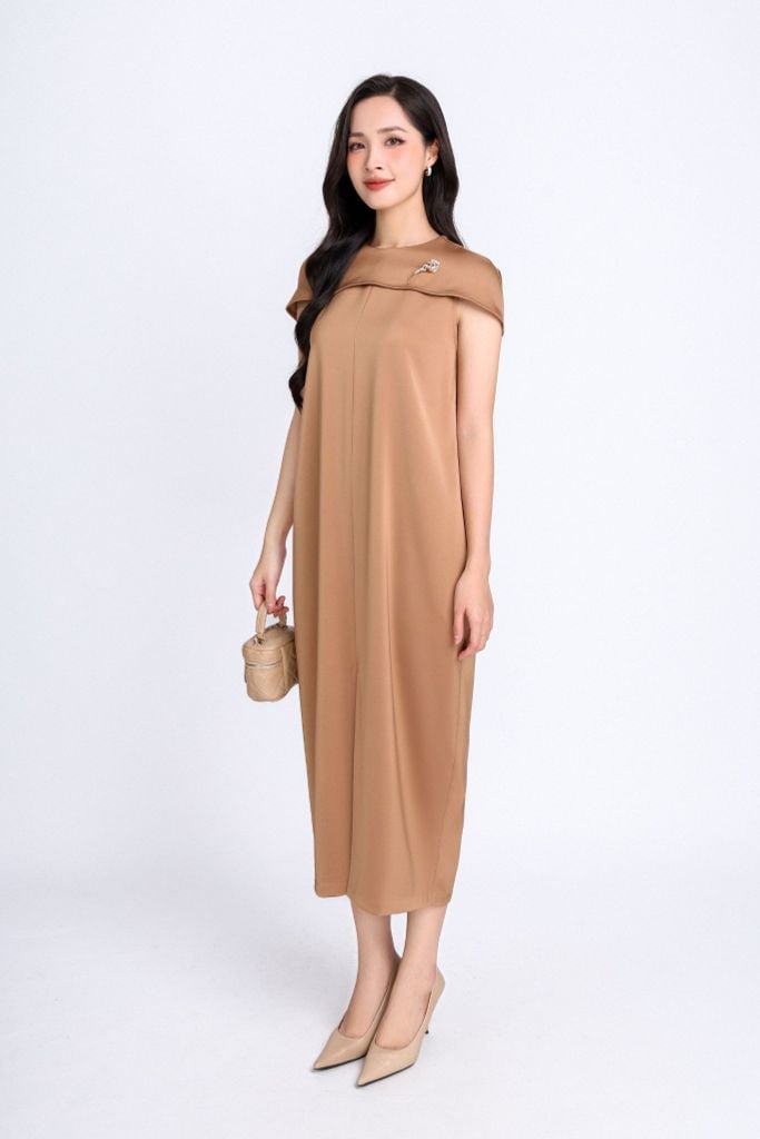 FDC34185 - Đầm công sở vải lụa dày dáng suông bom cổ tròn phối vạt chờm vai tạo kiểu- PANTIO