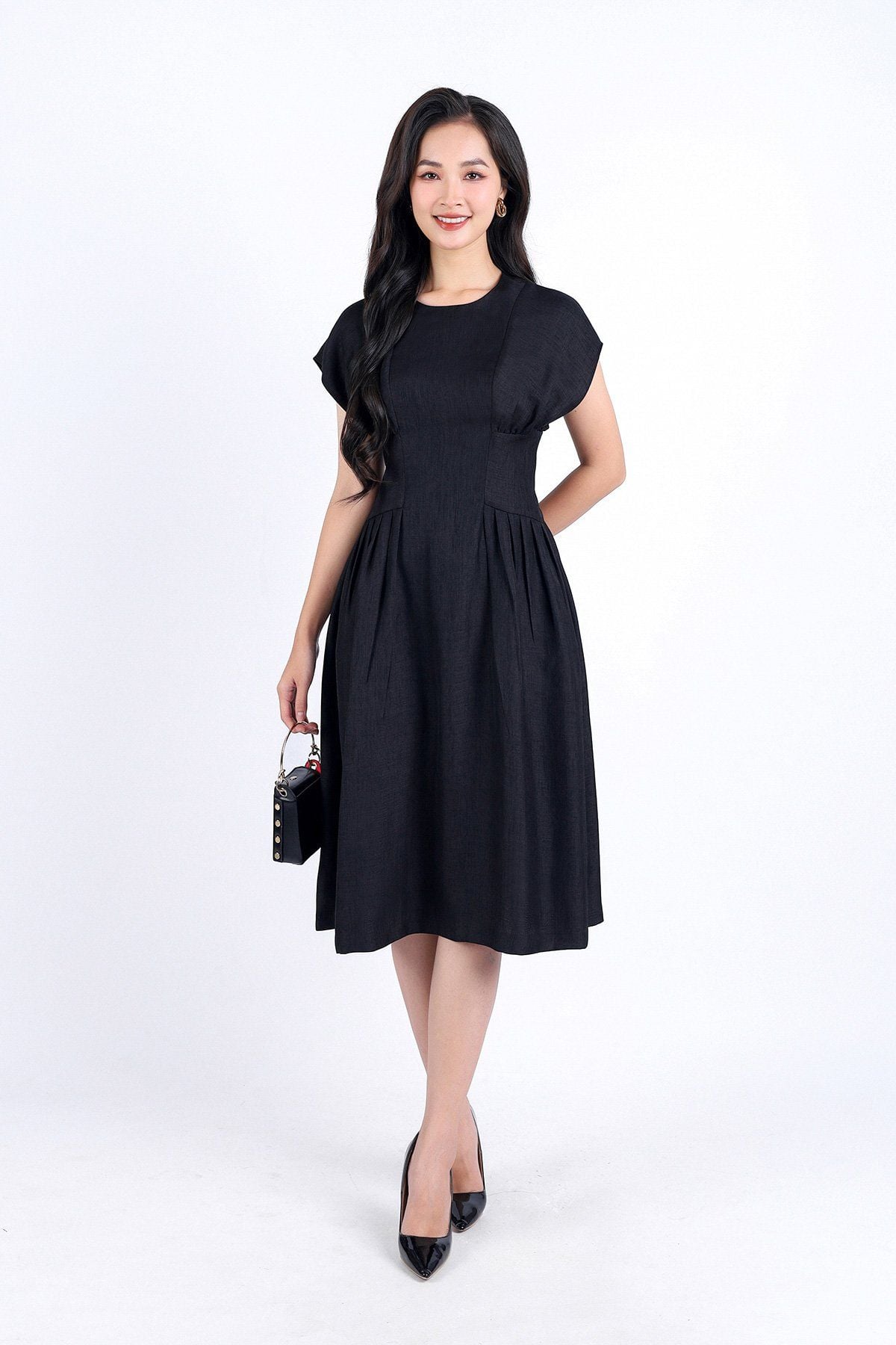 FDC34190 - Đầm công sở vải thô dáng xoè hai lớp lót habutai cổ tròn vai liền eo nhún đáp cạp bản to khoá thân sau - PANTIO