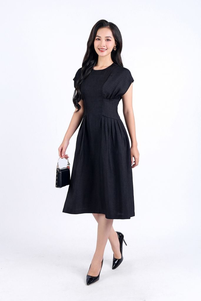 FDC34190 - Đầm công sở vải thô dáng xoè hai lớp lót habutai cổ tròn vai liền eo nhún đáp cạp bản to khoá thân sau - PANTIO