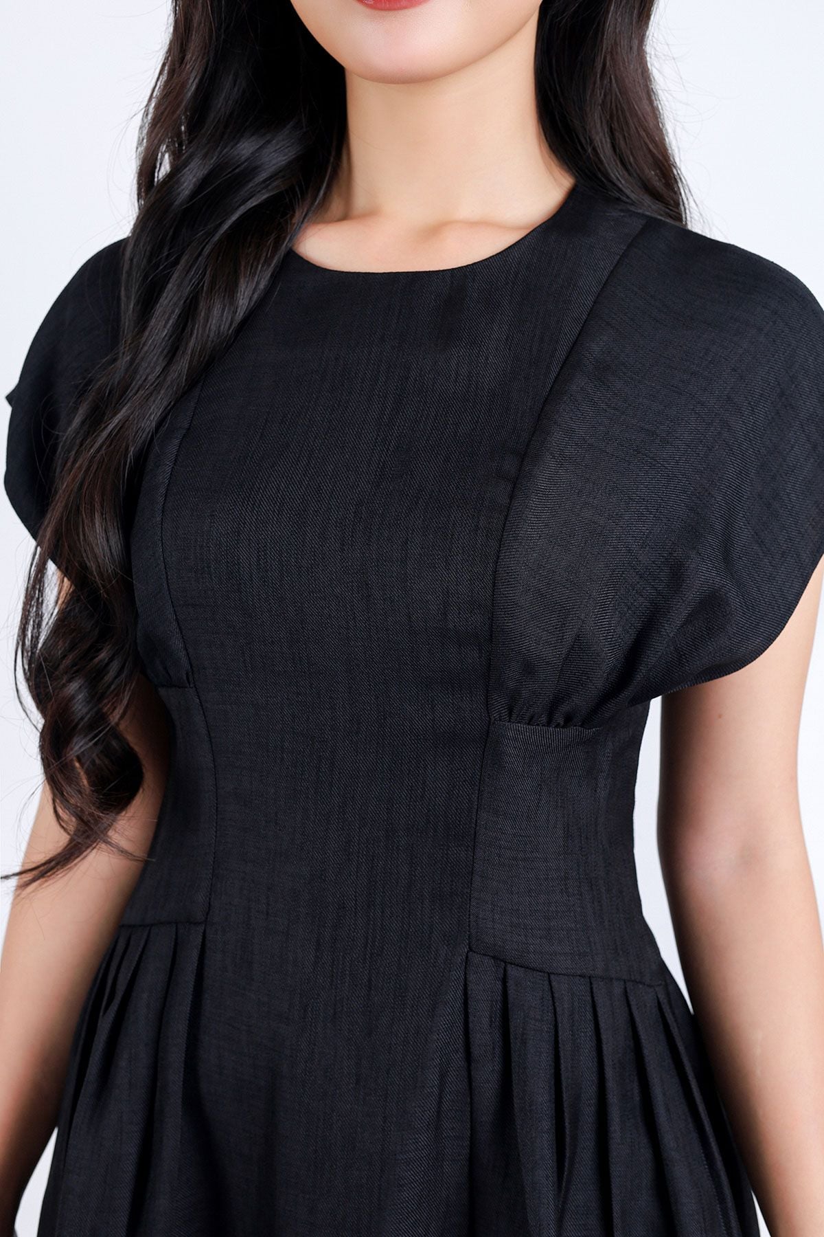 FDC34190 - Đầm công sở vải thô dáng xoè hai lớp lót habutai cổ tròn vai liền eo nhún đáp cạp bản to khoá thân sau - PANTIO