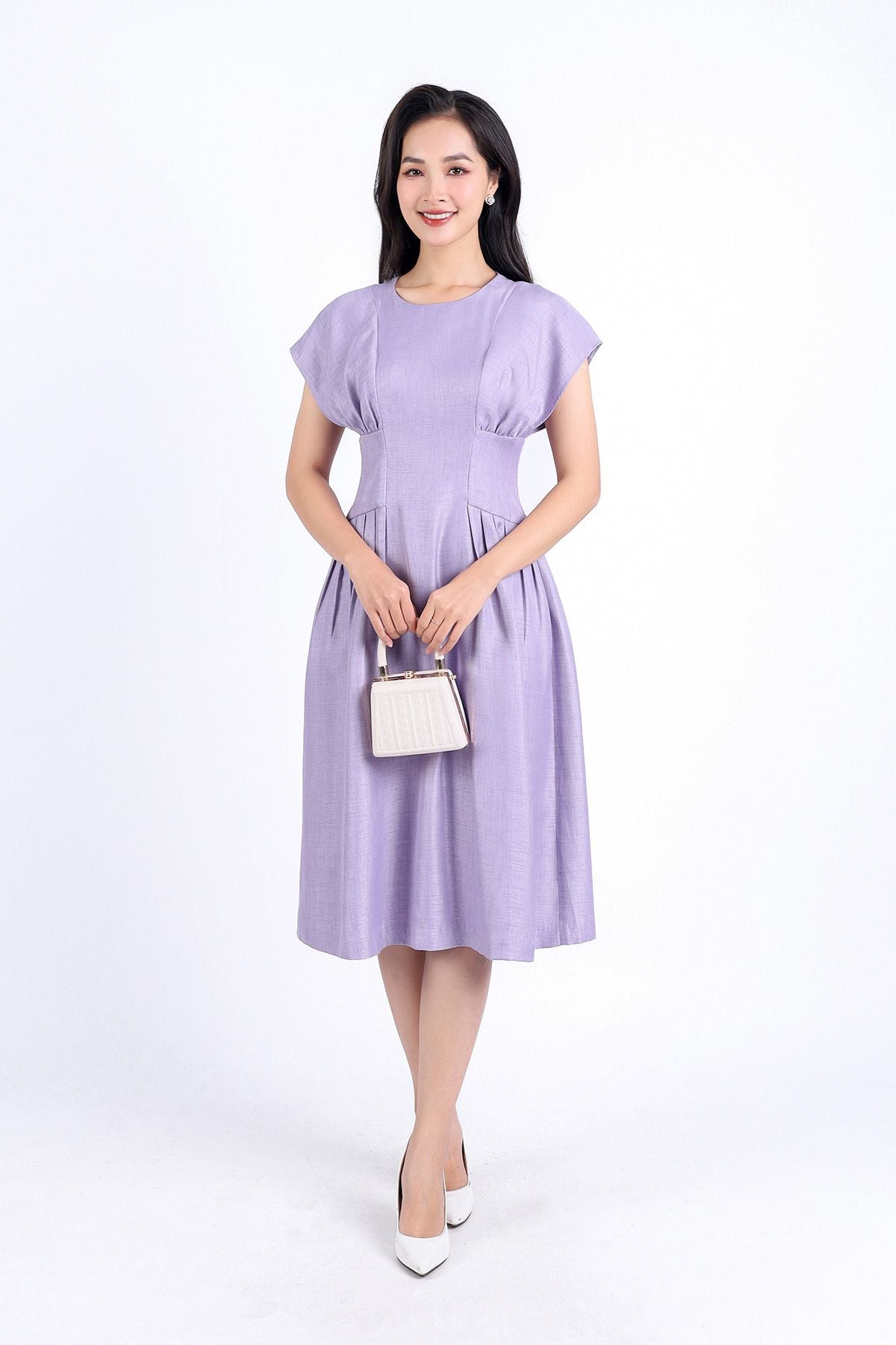 FDC34190 - Đầm công sở vải thô dáng xoè hai lớp lót habutai cổ tròn vai liền eo nhún đáp cạp bản to khoá thân sau - PANTIO