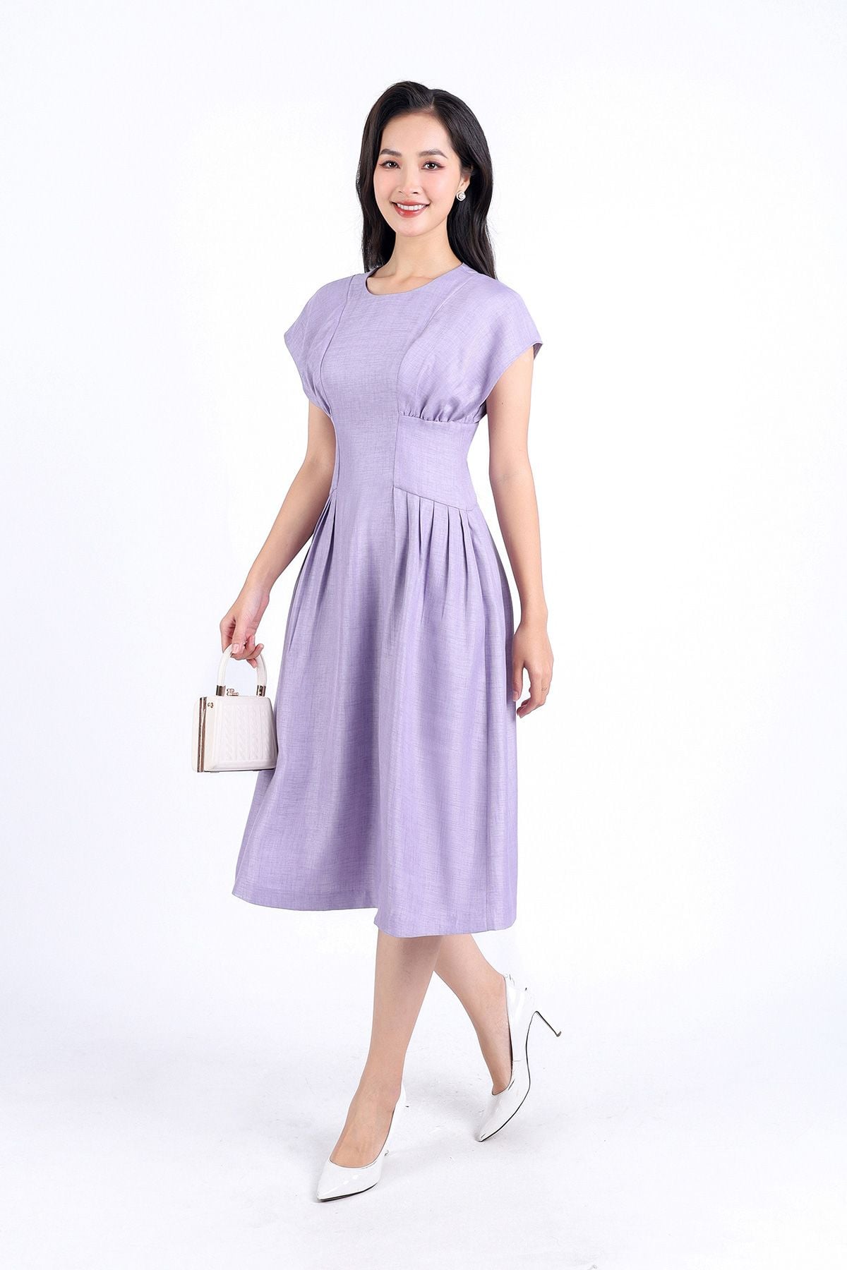 FDC34190 - Đầm công sở vải thô dáng xoè hai lớp lót habutai cổ tròn vai liền eo nhún đáp cạp bản to khoá thân sau - PANTIO