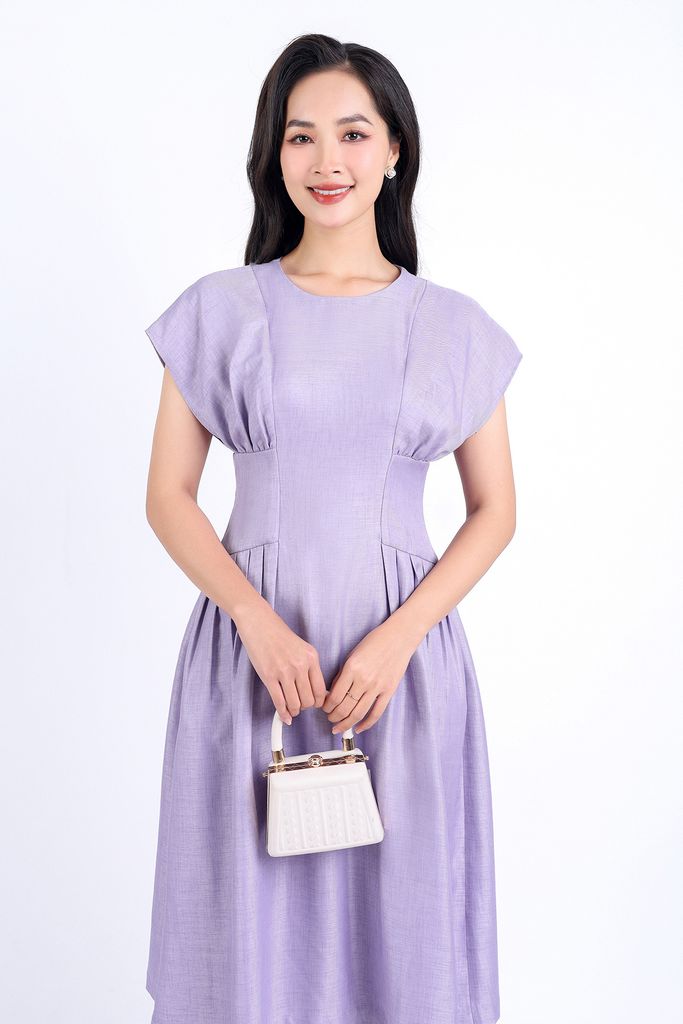 FDC34190 - Đầm công sở vải thô dáng xoè hai lớp lót habutai cổ tròn vai liền eo nhún đáp cạp bản to khoá thân sau - PANTIO