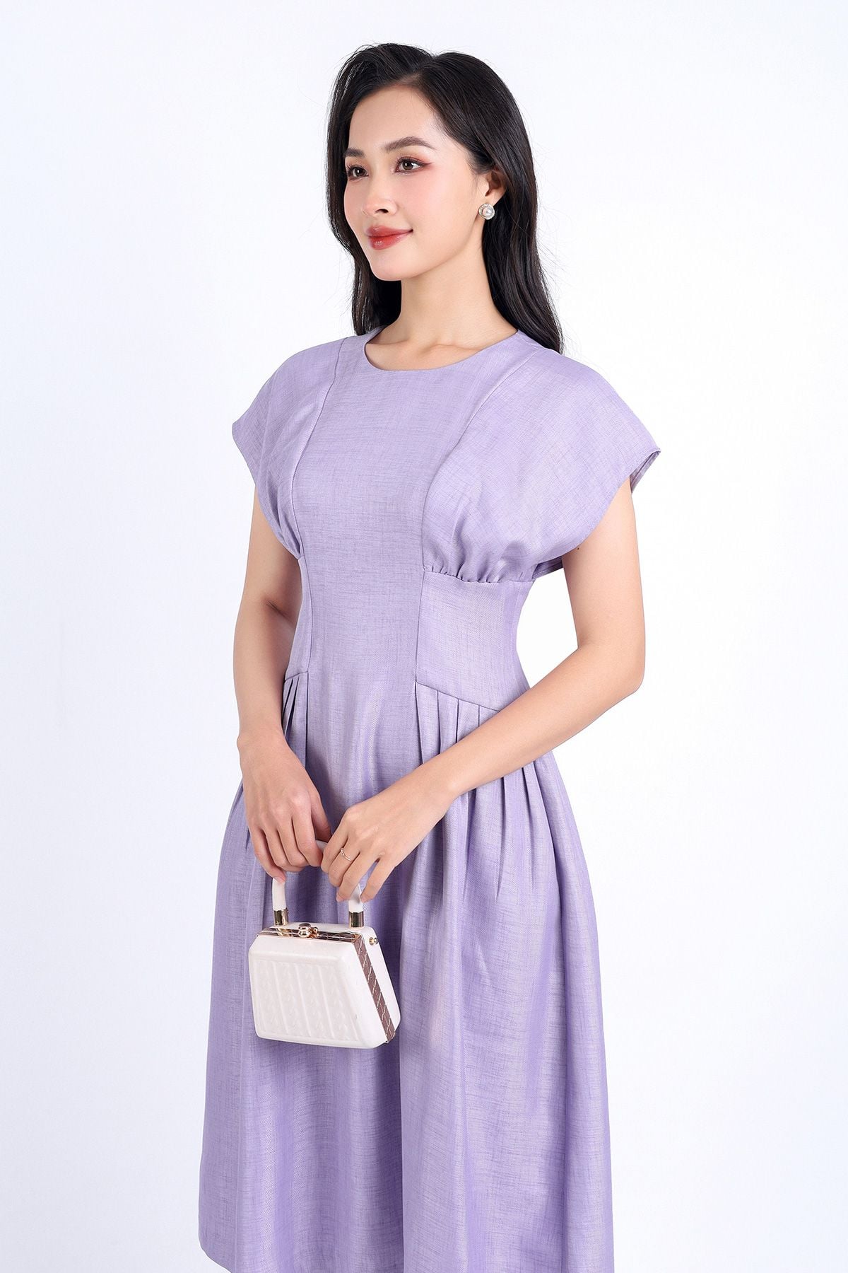 FDC34190 - Đầm công sở vải thô dáng xoè hai lớp lót habutai cổ tròn vai liền eo nhún đáp cạp bản to khoá thân sau - PANTIO