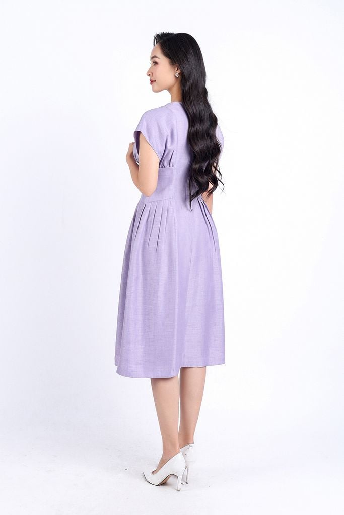 FDC34190 - Đầm công sở vải thô dáng xoè hai lớp lót habutai cổ tròn vai liền eo nhún đáp cạp bản to khoá thân sau - PANTIO