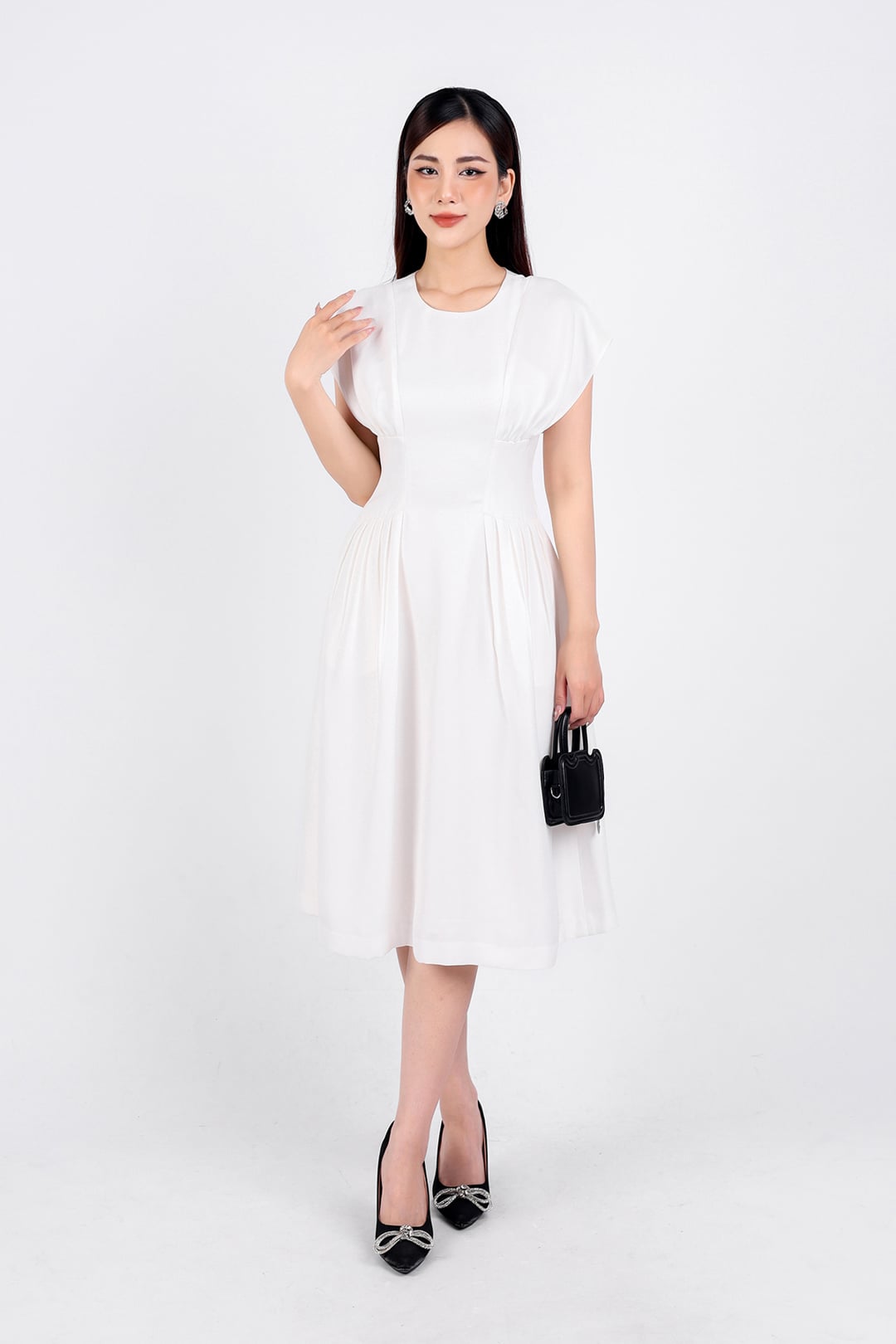 FDC34190 - Đầm công sở vải thô dáng xoè hai lớp lót habutai cổ tròn vai liền eo nhún đáp cạp bản to khoá thân sau - PANTIO